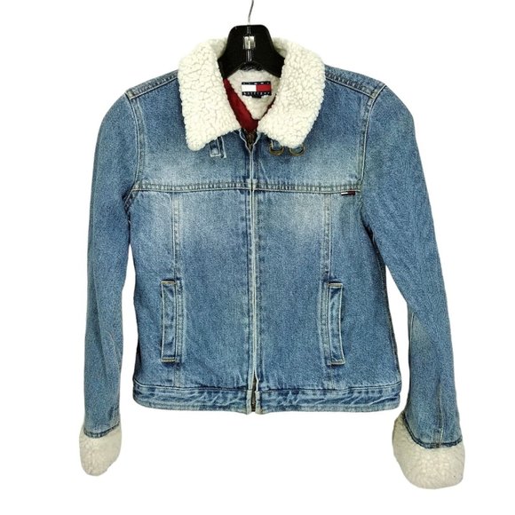 Tommy Hilfiger Other - Tommy Hilfiger Kids Vintage Denim Jacket Blue Sz L Faux Sherpa Collar Cuffs Logo
